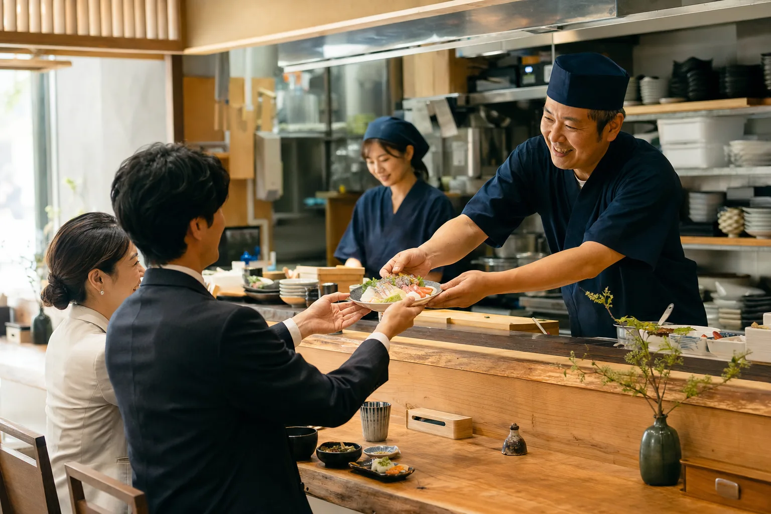 料理を提供する店舗スタッフとお客様のイメージ